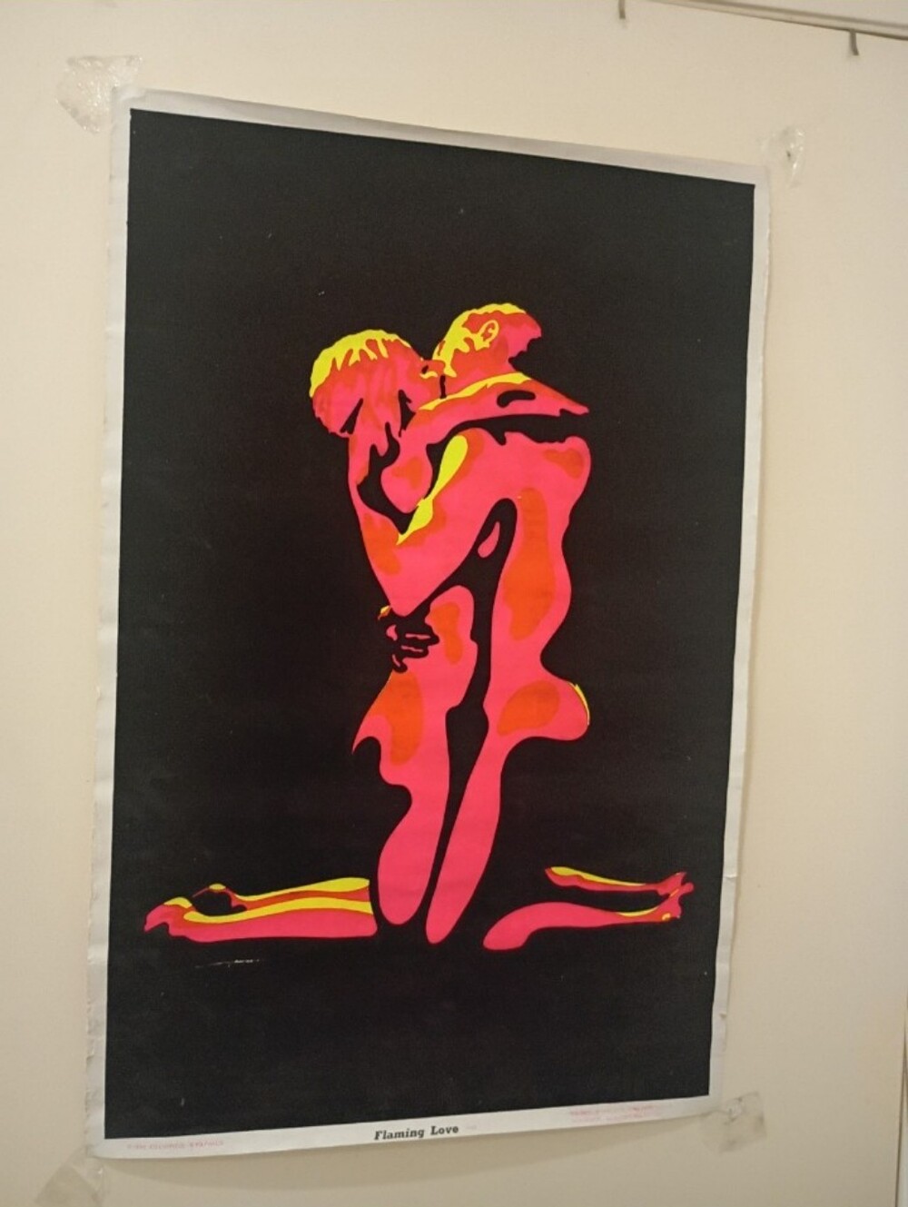 VINTAGE '92 Blacklight Flocked Velvet Poster Flaming Love Decor Sensual Risque